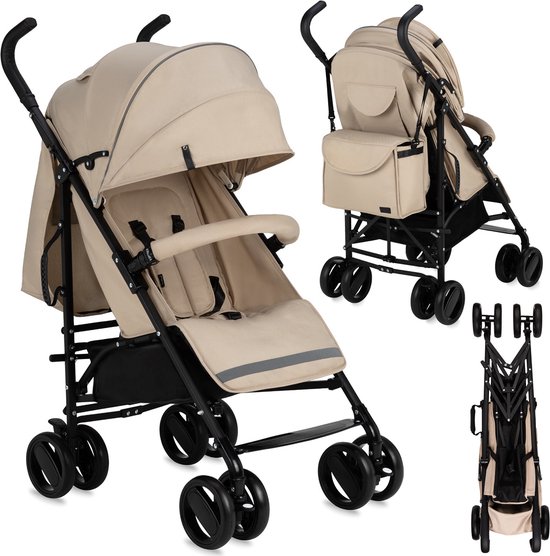 Een beige buggy in drie weergaven: de open buggy, de buggy met tas en de opgevouwen buggy.
