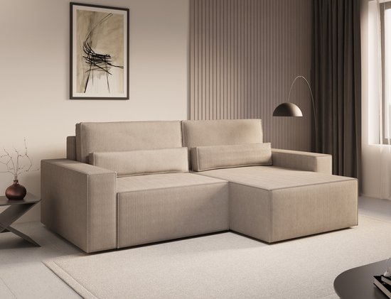 InspireME - Ecksofa DENVER MINI aus Cord, Ottomane beidseitig montierbar Couch Cord für Wohnzimmer Schlafsofa Sofagarnitur Sofa Eckcouch L-Form Cordstoff, mit Schlaffunktion und Bettkasten - Donker beige - Poso 02