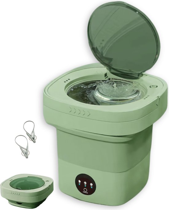 Foto: Delugo mini wasmachine opvouwbaar met centrifuge kleine camping wasmachine incl knijpers 8l groen