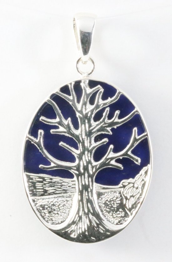Ovale zilveren hanger met levensboom op lapis lazuli