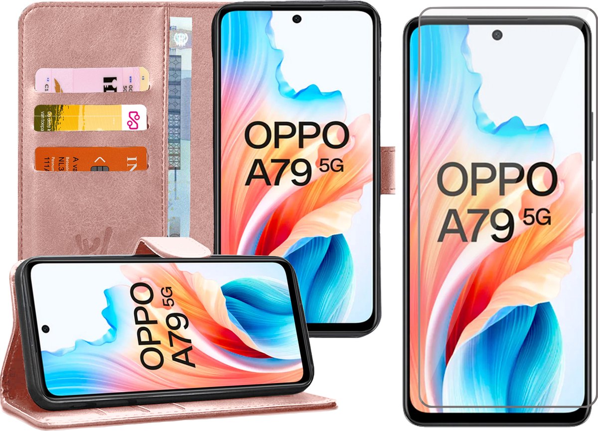Hoesje geschikt voor Oppo A79 - Screenprotector Glas - Portemonnee Book Case Rosegoud
