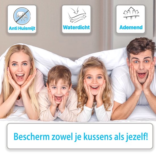 Famille joyeuse sous une couverture avec le texte 'Protégez vos oreillers et vous-même !', symboles anti acariens, imperméable et respirant.