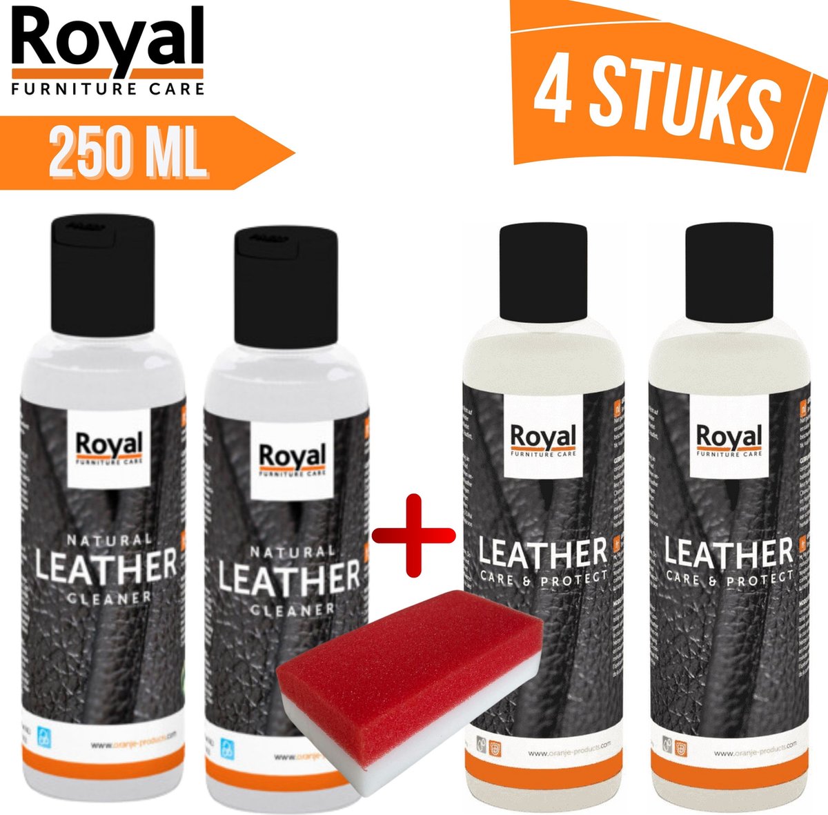 Oranje Furniture Care Onderhoud leer Leather Care & Protection Set 4x250 ml leer onderhoud+Gratis Spons