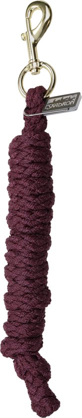 Gevlochten donkerrood halstertouw met goudkleurige haak en Eskadron label.