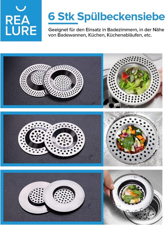 Lot de 6 filtres évier de cuisine avec bonde de douche, attrape-cheveux, tamis en acier inoxydable pour salle de bain, toilettes