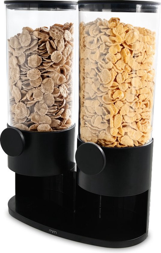 Zwarte dubbele cereal dispenser, gevuld met bruine cereal en cornflakes.