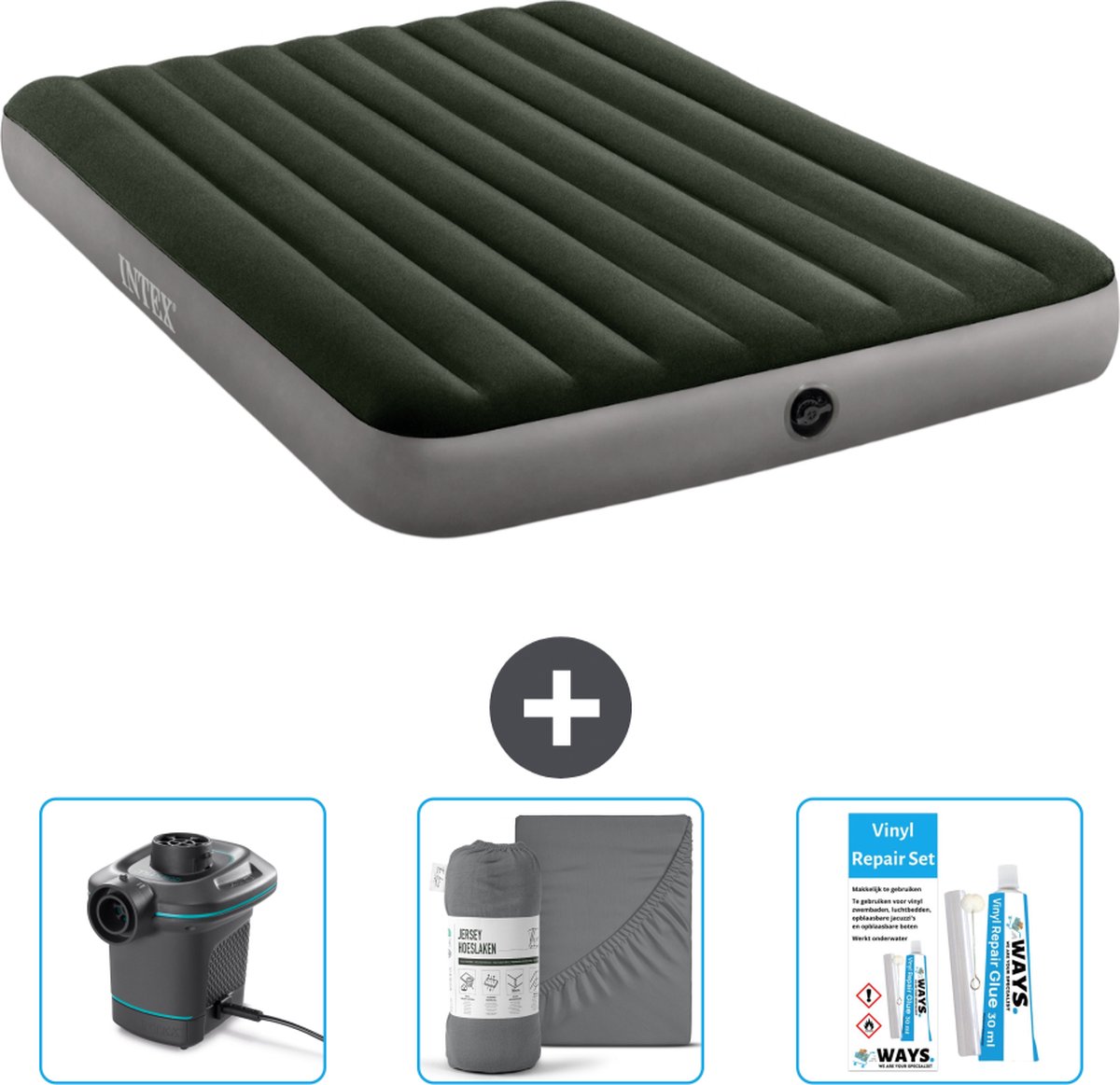 Intex Luchtbed - 2-Persoons - 152 x 203 x 25 cm - Groen - Inclusief Pomp - Hoeslaken en Reparatieset