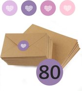 80x Bruine Kraft Enveloppen + Sluitstickers - C6 Formaat - Hart Bloem - Duurzame Keuze - 100% gerecycled Kraft papier - A6 Envelop - ECO