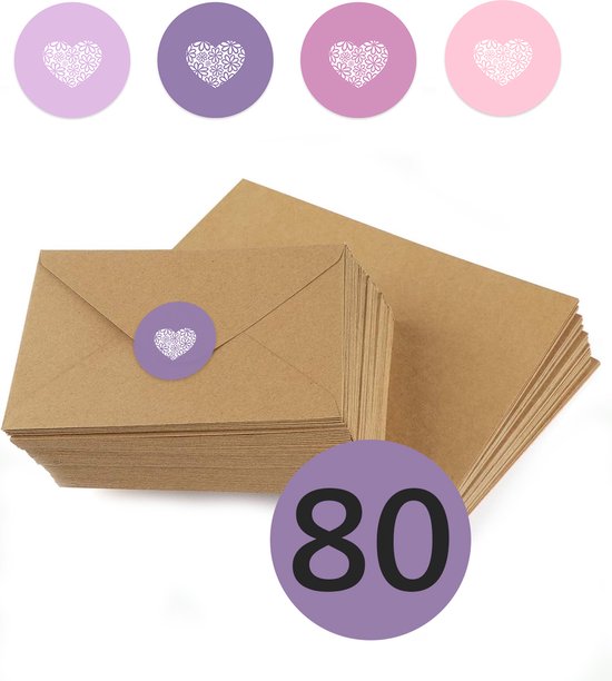 Foto: 80x kraft enveloppen 80 sluitstickers hart bloem c6 11 4 x 16 2 cm voordeelset 80 stuks hart bloem 100 gerecycled kraft papier a6 envelop eco