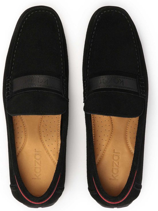 Mocassins en daim noir ornés d'un ruban logotypé
