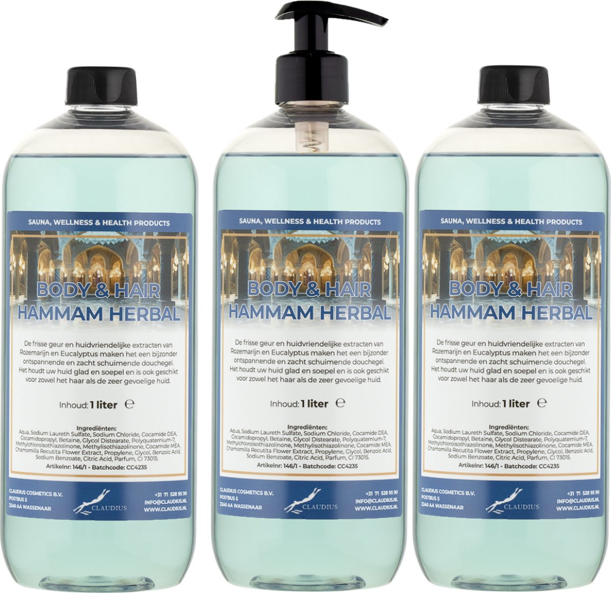 Goedkoopste Body & Hair Hammam Herbal 1 liter - set van 3 stuks - met gratis pomp - 2 in 1 voor lichaam en haar.