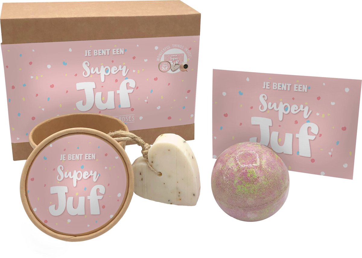 T-Traders Geschenkset Zeep Bruisbal Kaartje Bedankt Juf Je bent een super juf Einde schooljaar
