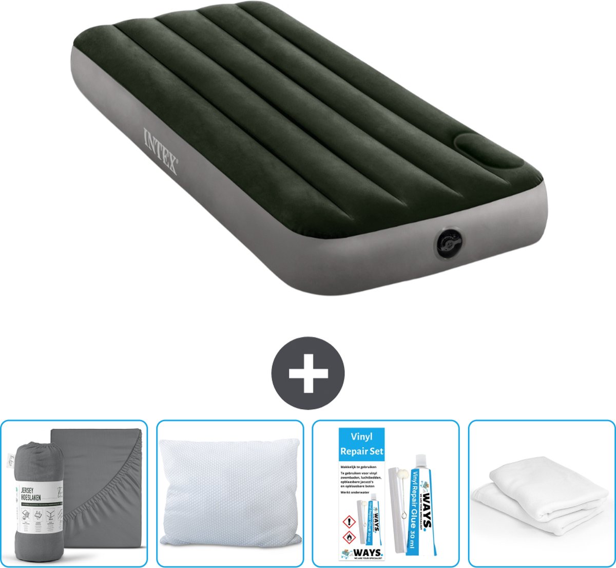 Intex Luchtbedset - 1-Persoons - 76 x 191 x 25 cm - Groen - Met ingebouwde voetpomp + Hoeslaken Antraciet + Kussen + Molton 2 in 1 Kussenslopen + Reparatieset