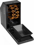 Zwarte BeamZ B300 bellenblaasmachine met interne onderdelen, ventilator en reservoir zichtbaar.