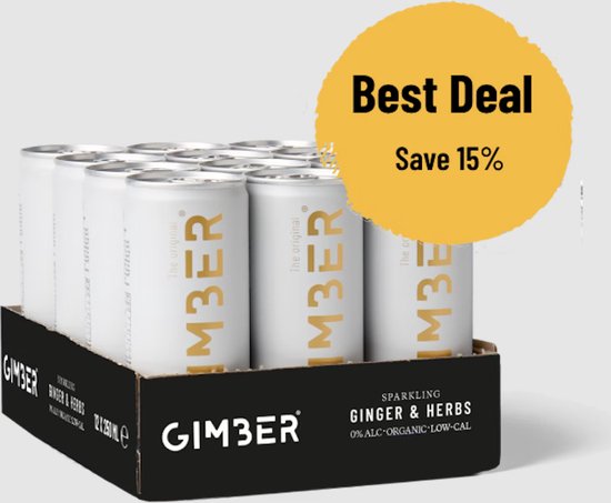 Gimber Tray 12 x 250ml - 3 liter - GIMBER Ready To Drink - 12 blikjes RTD biologische & sprankelende gemberdrank met citroen, kruiden & specerijen volgens het perfect gemengde recept