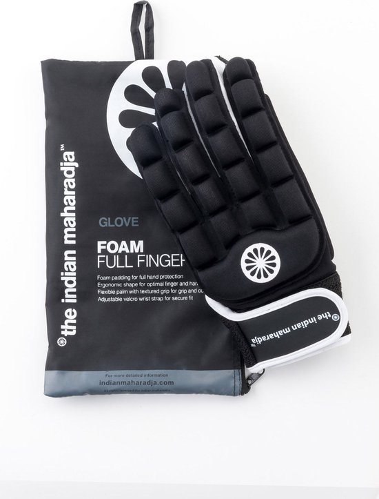 Zwarte "foam full finger" handschoen met logo en opbergzakje.