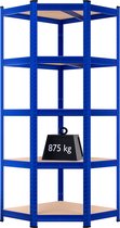 Blauwe hoekstellingkast met 5 schappen, een gewicht van 875 kg erop.