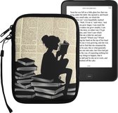kwmobile Universele Cover voor eReader - Neopreen hoesje Meisje met boeken design zwart / beige - 17 x 12 x 2 cm
