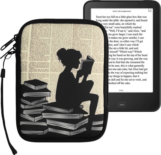 kwmobile Universele Cover voor eReader - Neopreen hoesje Meisje met boeken design zwart / beige - 17 x 12 x 2 cm