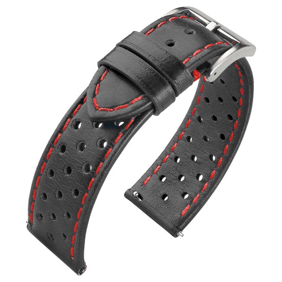 Bracelet de Montre Rallye Cuir de Veau - Facile à Changer - Zwart avec Coutures Rouges 18mm