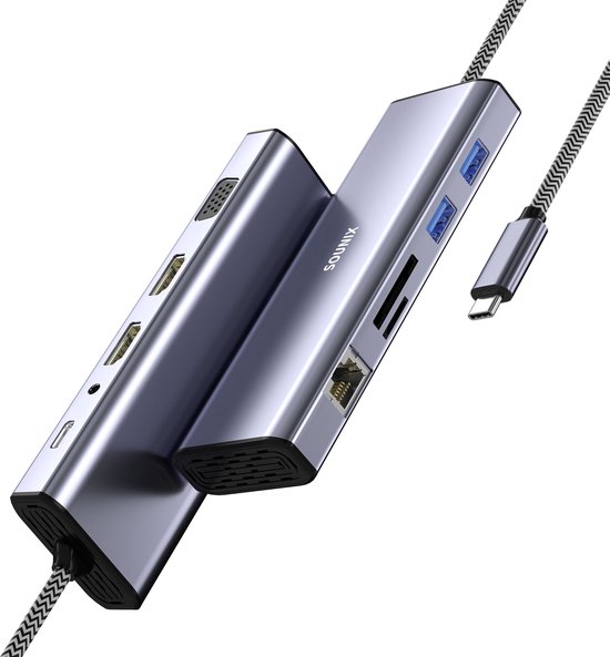 Sounix USB C docking station - 10 in 1 USB C HUB - Dual HDMI - VGA - USB*2 - TF/SD - PD 100W - Gigabit Ethernet Rj45 - Grijs