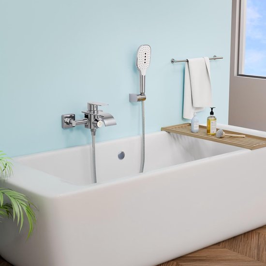 Badkuipkraan, zwart, badkraan met handdouche, mengkraan, badkuip met douche, opbouwwaterkraan, badarmatuur, douchearmatuur met douchekop, 3 functies, wandmontage 150 mm, mat zwart
