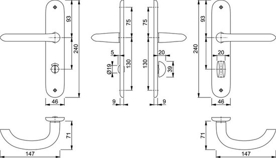 Hoppe - Poignée de porte intérieure - Ferrures de porte - Avec serrure - Poignée de porte - Aluminium - Bouclier long