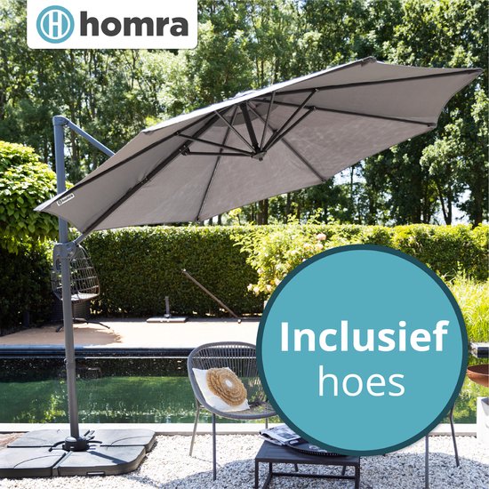 Homra Parasol met Voetpedaal – Stabiele Zweefparasol Luxe uitvoering – Ø300 cm – Draai- en Kantelbaar – Inclusief beschermhoes om makkelijk op te bergen en kruisvoet – Grijs