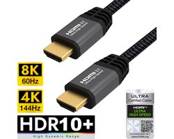 Qnected HDMI 2.1 kabel 1 meter - Gen 2 Certified - 4K 120Hz & 144Hz, 8K 60Hz Ultra HD - Ultra High Speed - 48 Gbps - PS5, Xbox Series X & S - Graphite Grey