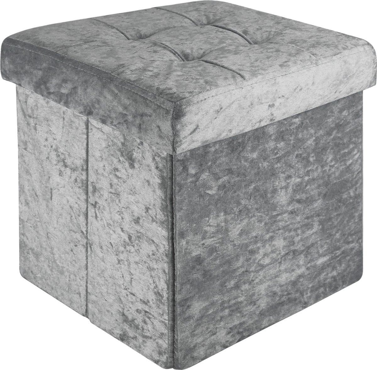 Intirilife Opvouwbaar krukje 30x30x30 cm in fluweelgrijs - Zitkubus met opbergruimte en deksel met fluwelen bekleding - Zitkubus voetensteun opbergkist bankzitting