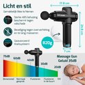 Zwart FITAGE massagepistool, licht en stil met 35dB, 24.8cm hoog, 17.8cm lang, 7cm breed. Bevat beveiliging tegen oververhitting en geavanceerd koelsysteem.