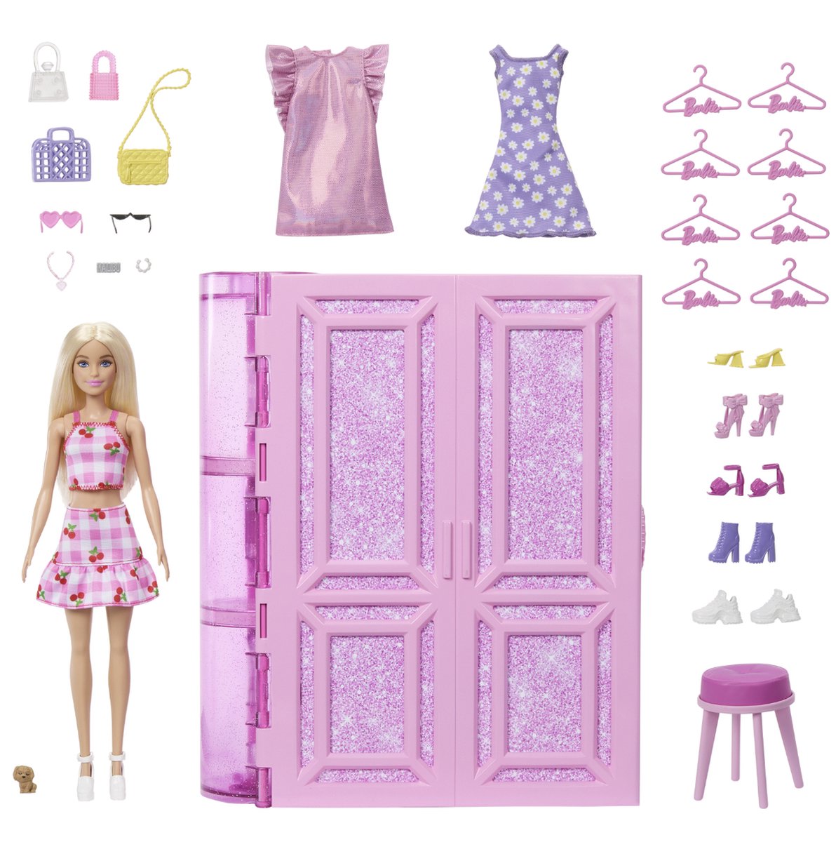 Barbie Super Kledingkast – Modepop met 25+ Stukken, Roze Glitterkast & Kaptafel — afbeelding 10