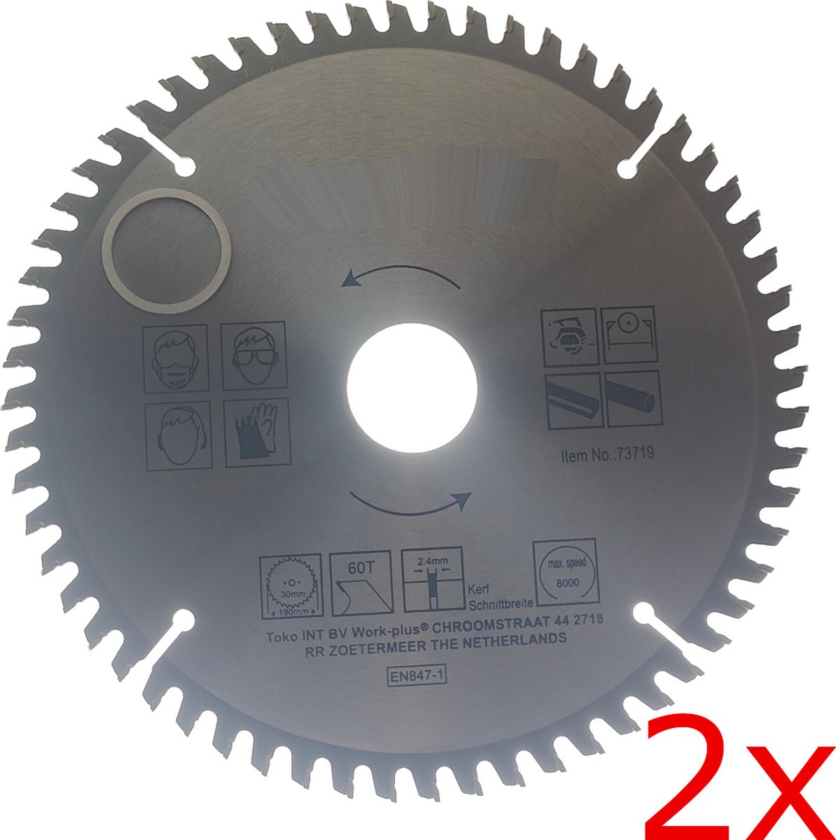 2X TCT 60 tands Aluminium en kunststof Cirkelzaagblad Ø 190x2.4 x Ø 30/25mm Carbide tanden incl verloopring (719)