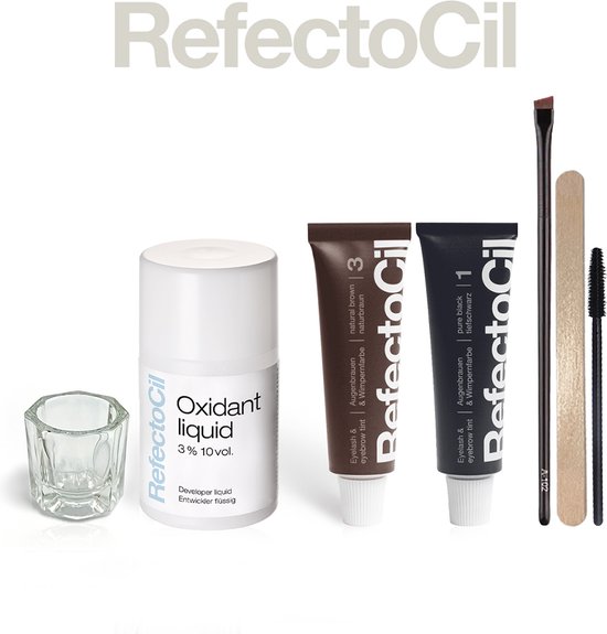 Foto: Refectocil volledige kit 2 stuks nr 1 zwart nr 3 natuurbruin 100ml oxidant dap en dish wenkbrauwborstel penseel