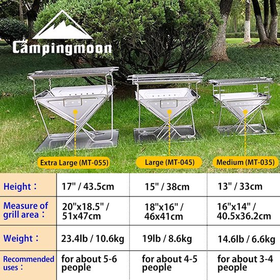 3-in-1 draagbare roestvrijstalen houtgrill en vuurplaats 14" x 15,5" met draagtas MT-035 van Biolite — afbeelding 2