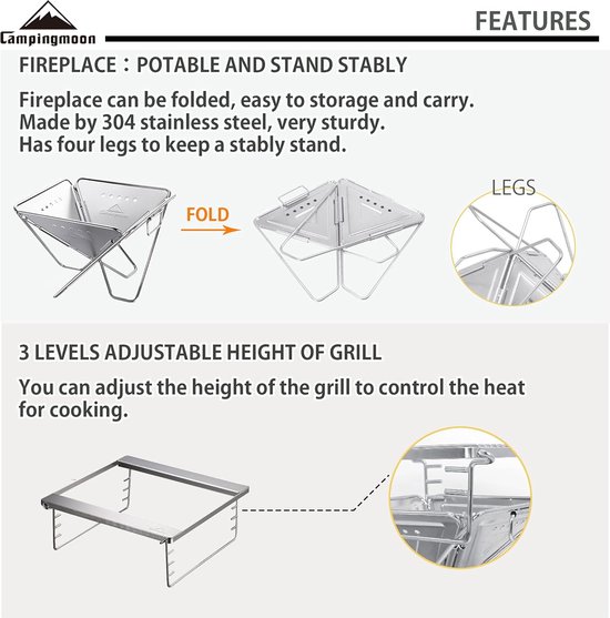 3-in-1 draagbare roestvrijstalen houtgrill en vuurplaats 14" x 15,5" met draagtas MT-035 van Biolite — afbeelding 4