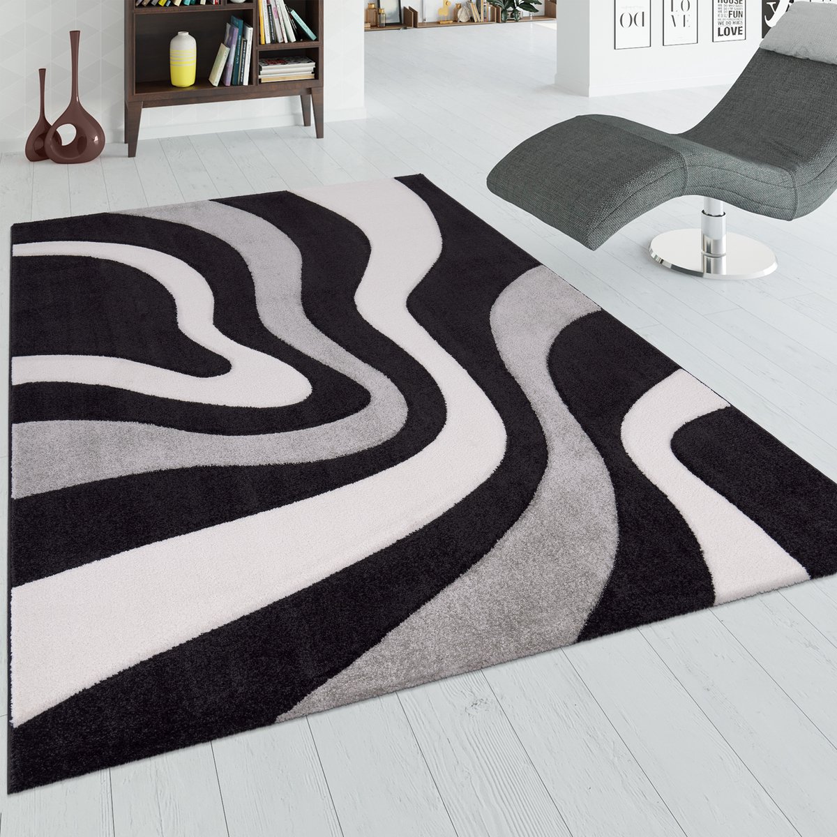 Paco Home Designvloerkleed Met Contoursnede Golfpatroon In Zwart Grijs Wit 60x110 cm