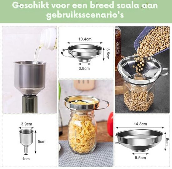 Newpop 3 stuks trechters van roestvrij staal, keukentrechter met 2 reinigingsborstels, trechterset zilver, 3 maten 4,5/5,5/7,5 cm voor de overdracht van jam en bonen, vloeibare keukenolie