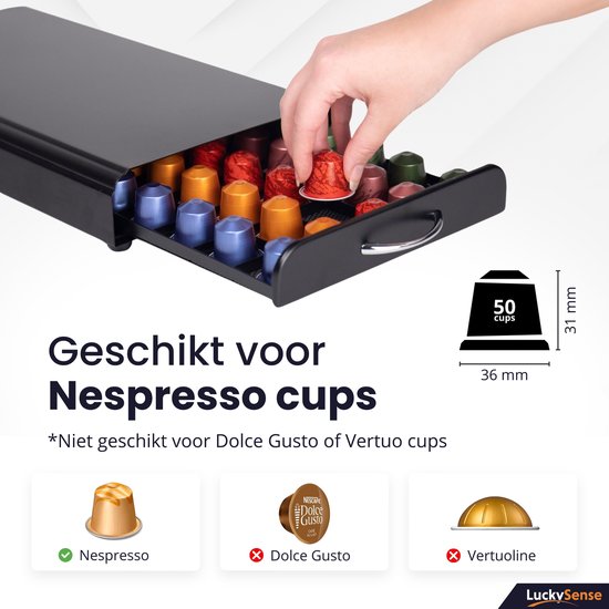 Capsulehouder met Lade – Koffiecups houder – Geschikt voor Nespresso – 50 Cups - RVS - Zwart