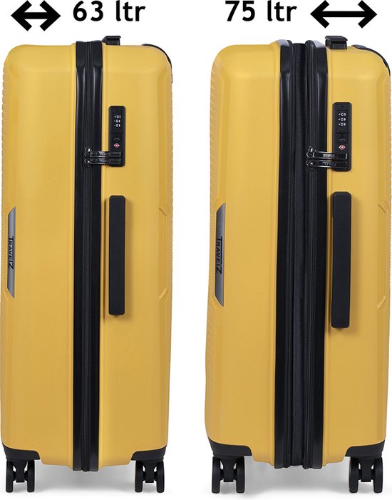 Vergelijking van de gele koffer: 63 liter gesloten en 75 liter expansief.