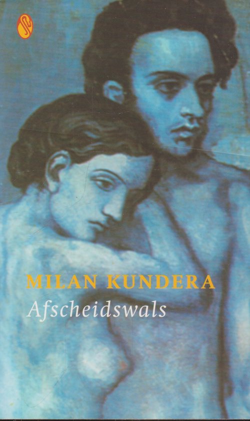 Boek "Afscheidswals" van Milan Kundera met een blauw/grijze illustratie van twee mensen die elkaar vasthouden.