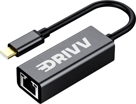 Grijze DRIVV USB-C naar Ethernet adapter met zwarte kabel.