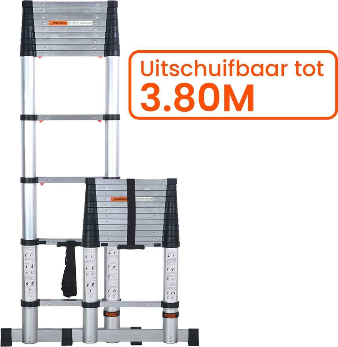 Kibani telescoopladder 3 80 meter Zilver Zwart Softclose Stabiliteitsbalk 150kg draaggewicht EN131-6 goedgekeurd