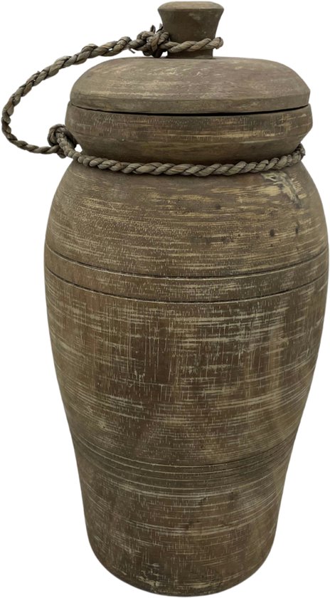 Foto: Nepalese kruik pot met deksel touw hout vintage bruin 36 x 18 cm stoer sober hsh757793 home sweet home