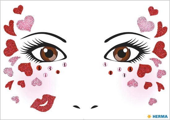 Glimmerende rode en roze hartjes, rode steentjes en lippen op gezicht met bruine ogen.