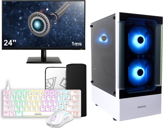 Complete Ryzen 5 Budget 6-Core White Game PC Setup met 24" Gaming Monitor, -Mechanical Keyboard (Red Switches) en -Muis - 500GB SSD - 16GB RAM - WiFi - Win11 Professional - Talos E3 Wit