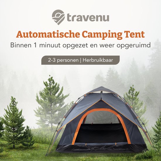 Automatische campingtent, 2-3 personen, opzetbaar in 1 minuut, met oranje accenten, in een bosrijke omgeving.