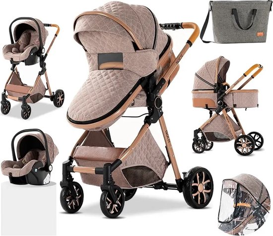 NOEA - Luxe Multifunctionele 3 in 1 Combi Kinderwagen - Kwalitatieve Buggy - Opklapbare Wandelwagen - Maxi Cosi stijl - Incl. Autostoel - Khaki
