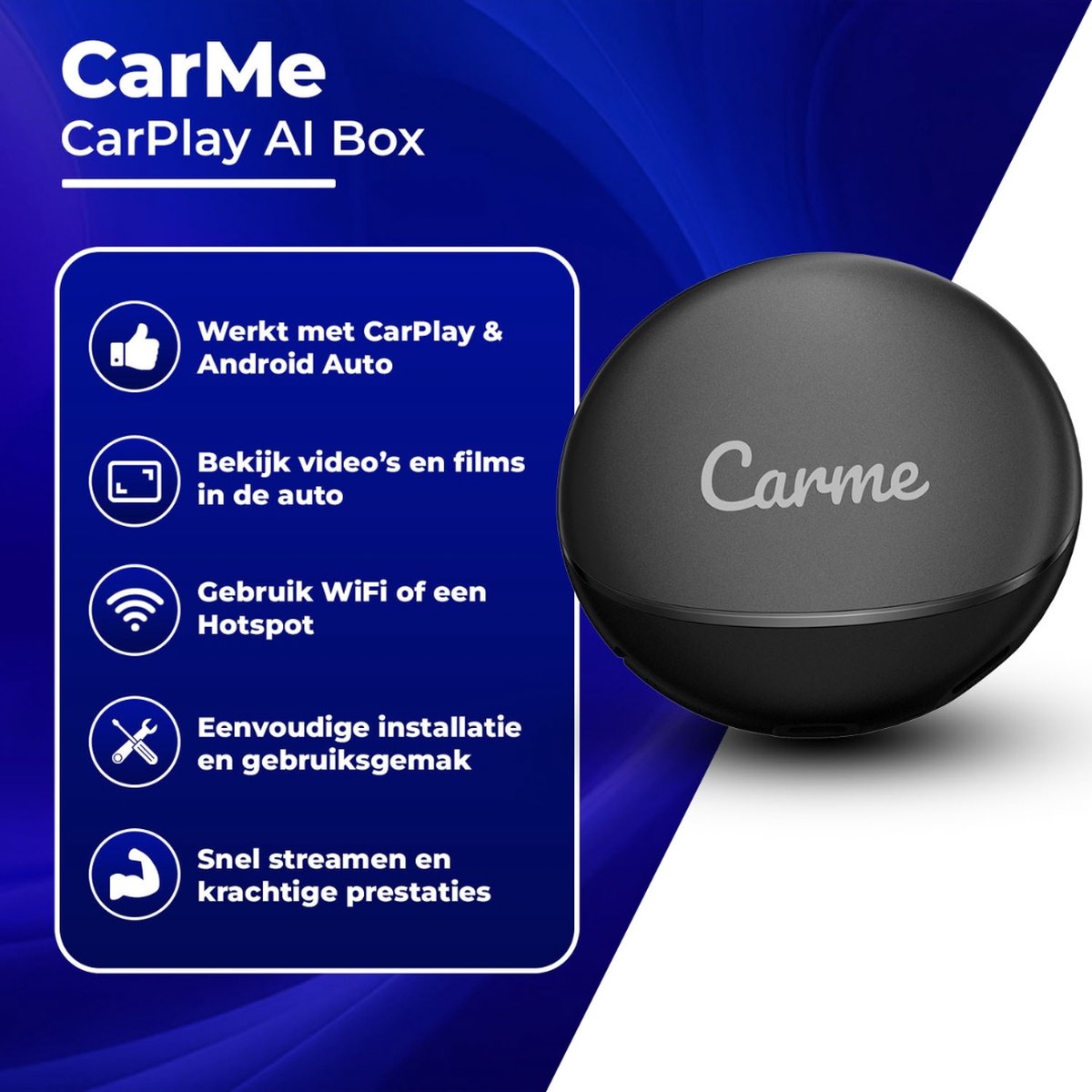 CarMe CarPlay AI Box - Draadloze Android Auto & CarPlay Adapter - YouTube, Netflix, Bluetooth, GPS, Snelle 8-core processor - Afbeelding 3