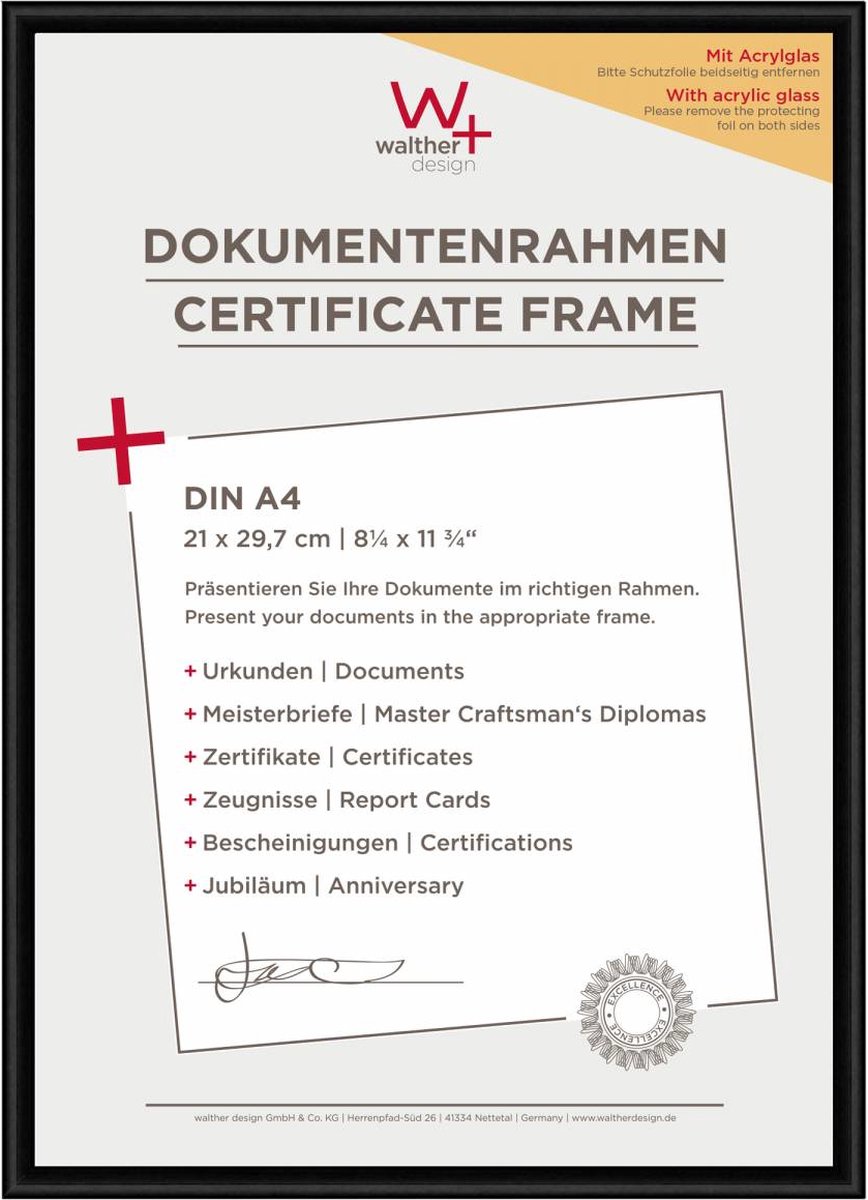 Walther New Lifestyle - Kunststof lijst - Fotoformaat 21x29,7 cm (DIN A4) - Kunstglas - Zwart